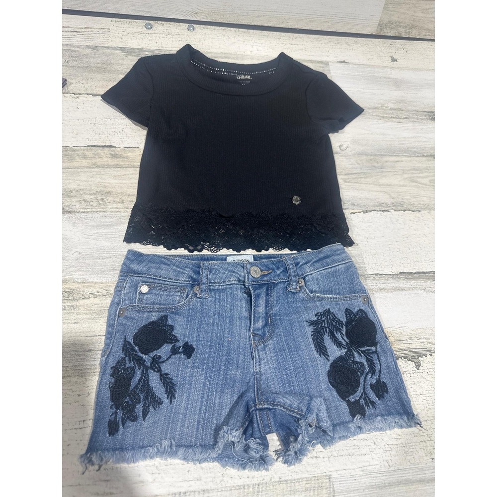 Justice‎ Hudson Shirt Shorts Set Girls 5/6 Black Blue Lace Embroidered EUC